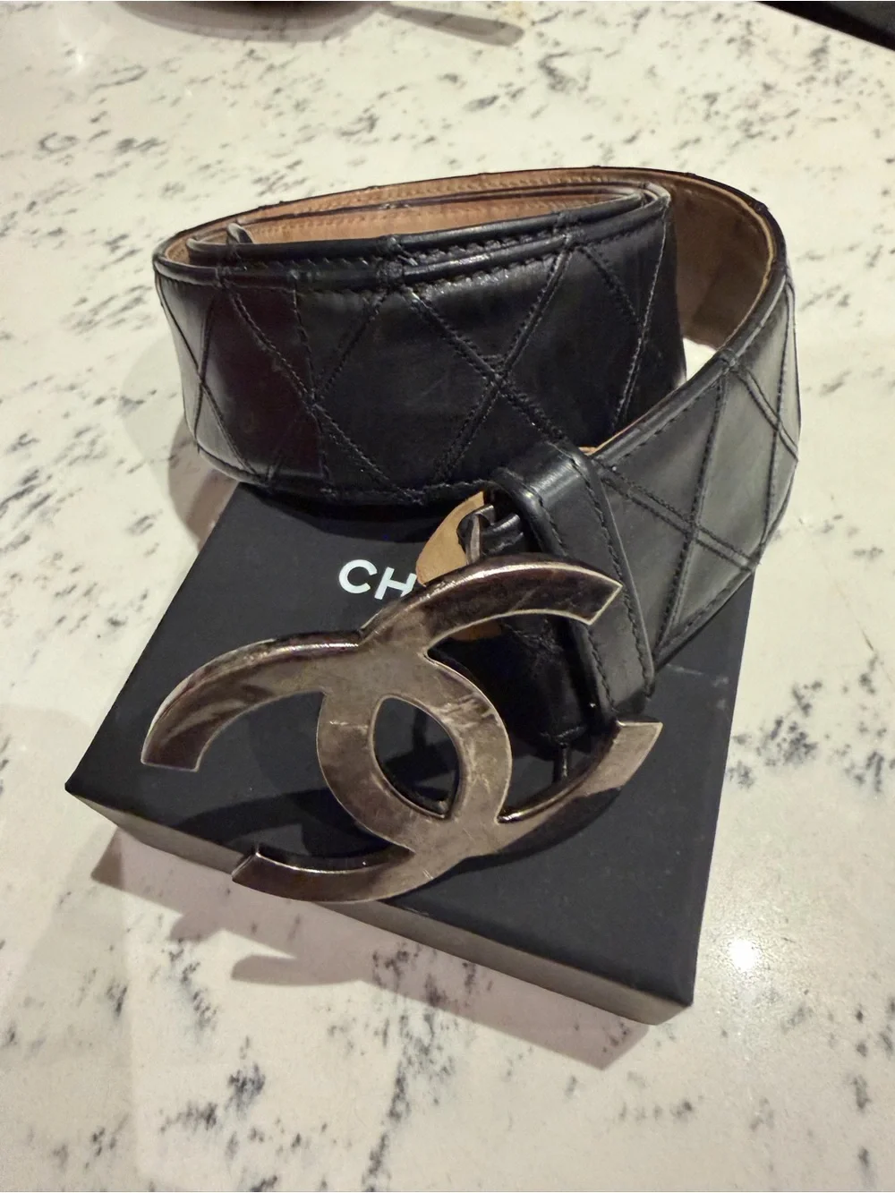 CHANEL Black Quilted Leather Belt with Silver CC Interlocking Buckle